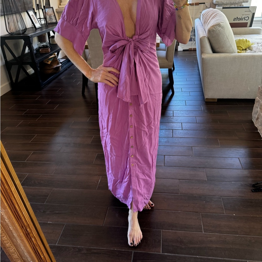 Free People Pink Maxi Gown with Plunge Neckline and Flutter Sleeves